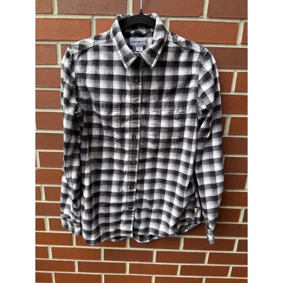 Carhartt Tops - Carhartt Flannel Shirt Black White Plaid Long Sleeve Button Up Womens M